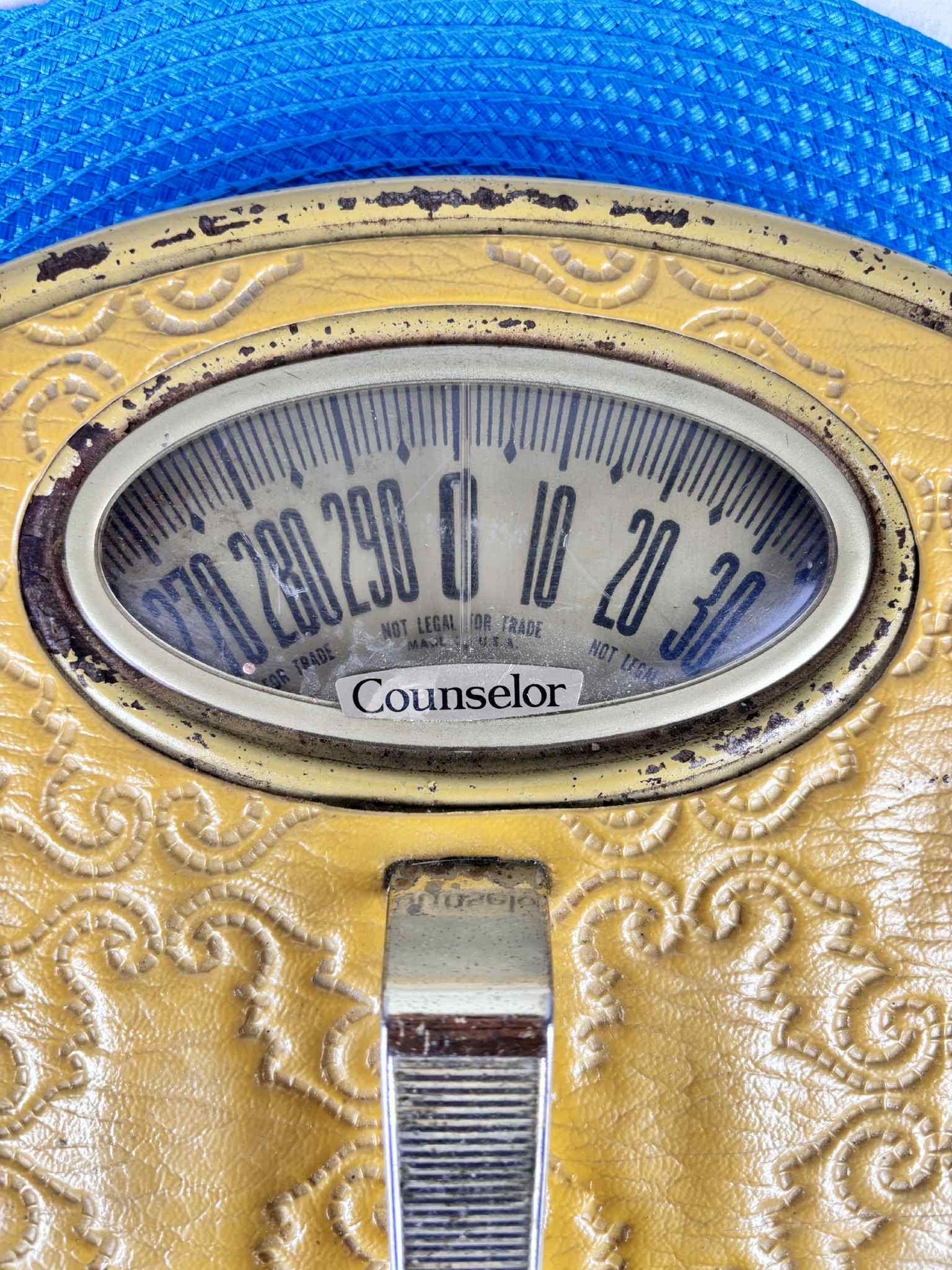 Vintage Counselor Bathroom Scale 1950s Yellow Embossed Vinyl Top