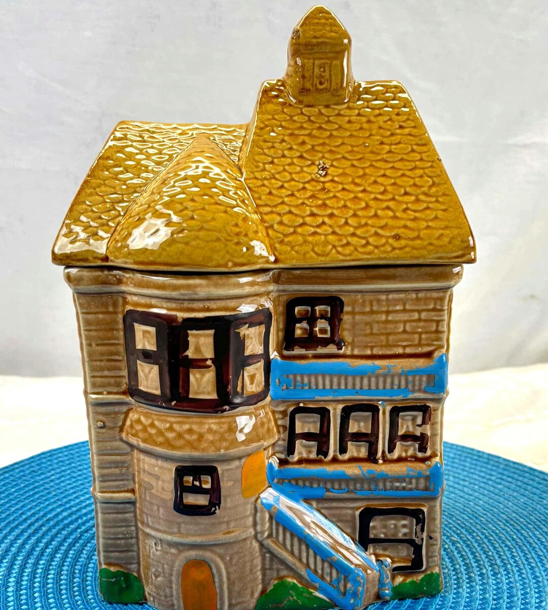 Vintage Victorian House Ceramic Biscuit Jar, Retro English Cottage