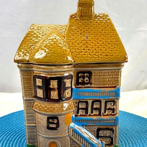 Vintage Victorian House Ceramic Biscuit Jar, Retro English Cottage