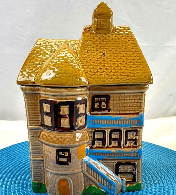Vintage Victorian House Ceramic Biscuit Jar, Retro English Cottage