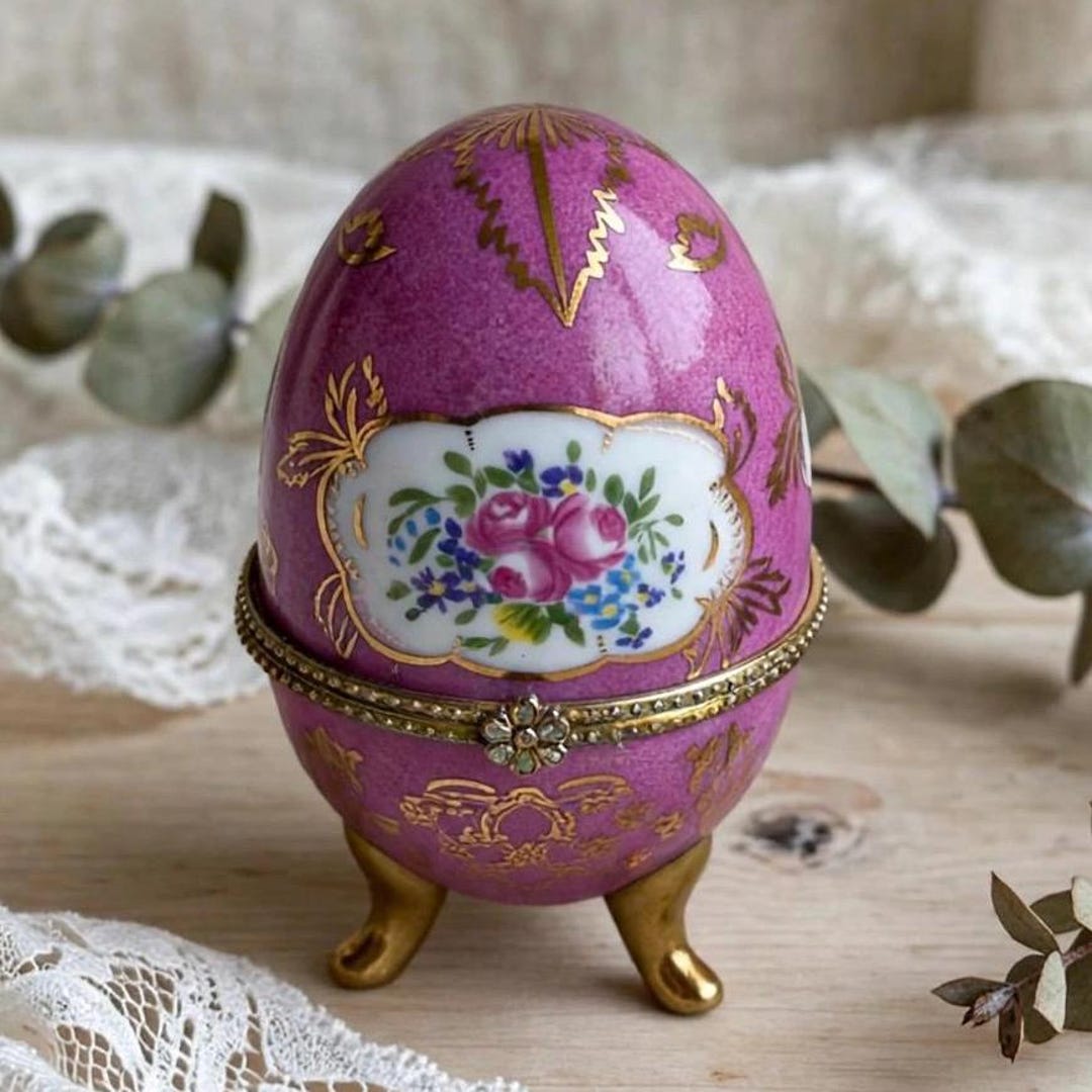 Vintage Pink Porcelain Egg With Hand-painted Floral Decoration and
