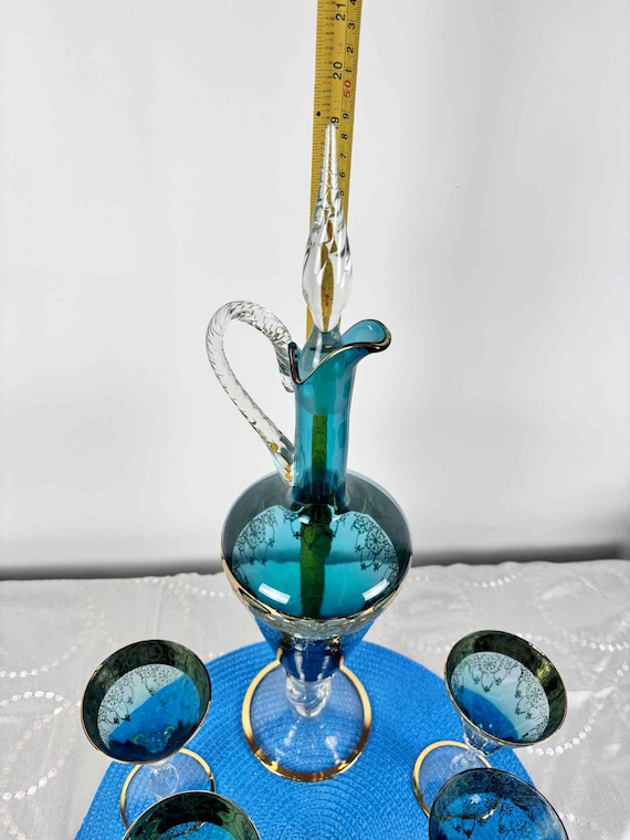 ヴィンテージ ボヘミアン ブルー ガラス デキャンタ セット（ゴールド