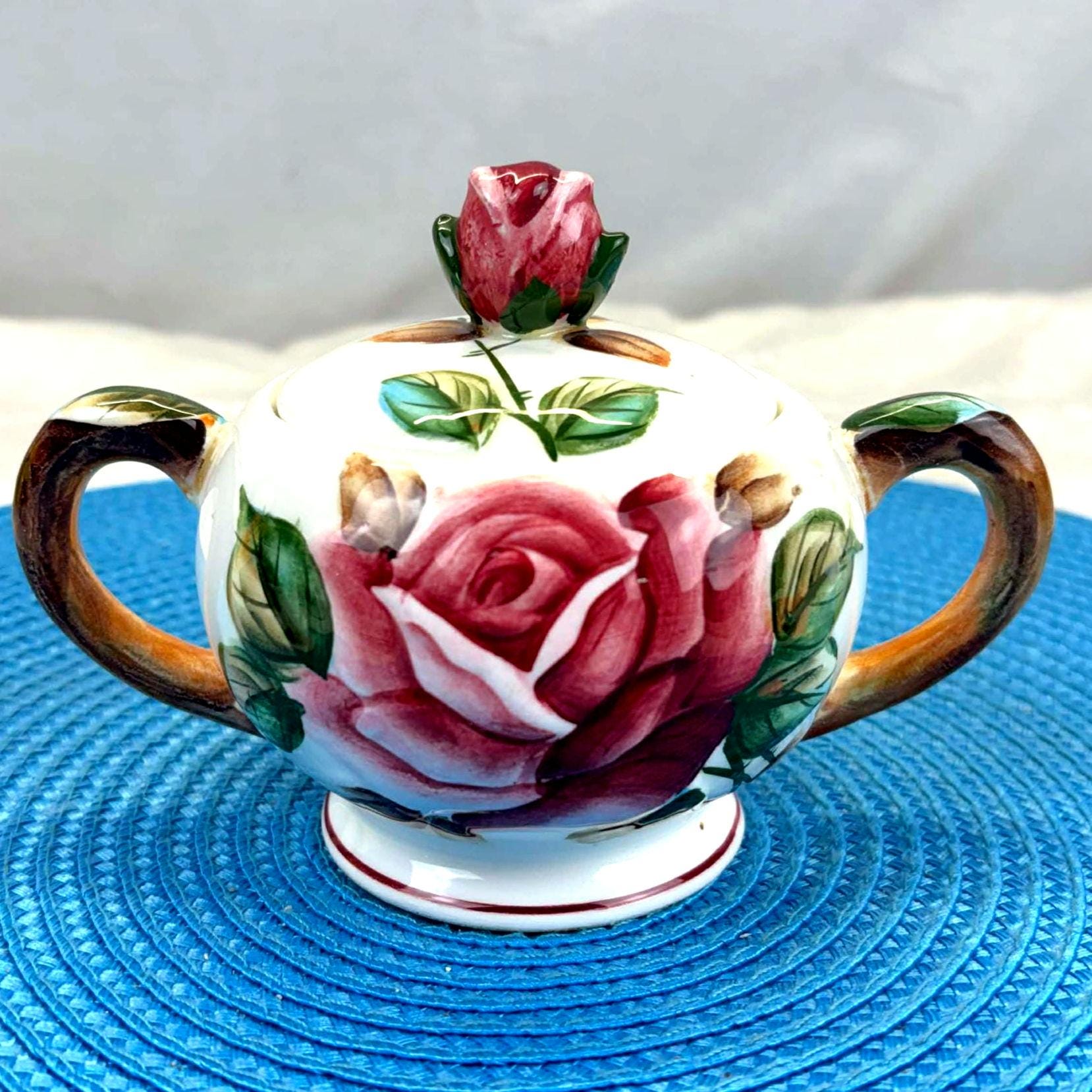Vintage ESD Japan Hand-painted Ceramic Rose Flower Decor Sugar
