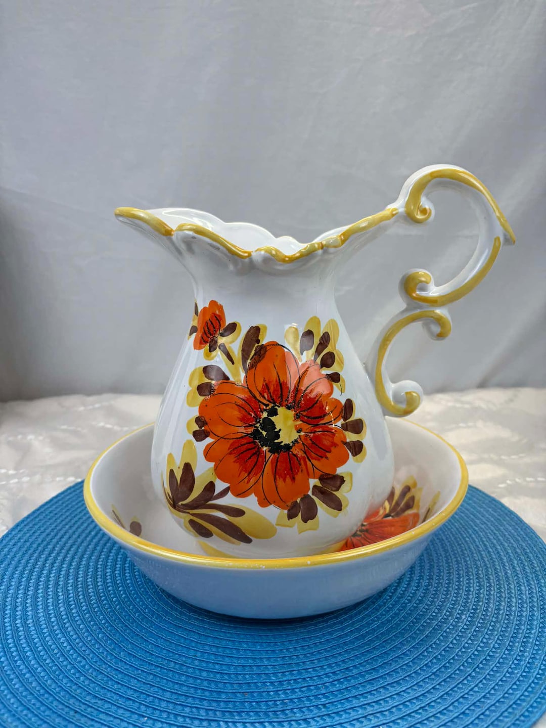 Vintage Hand-painted Ceramic Pitcher and Basin With Orange and