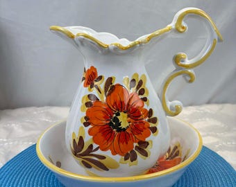 Vintage Hand-painted Ceramic Pitcher and Basin With Orange and