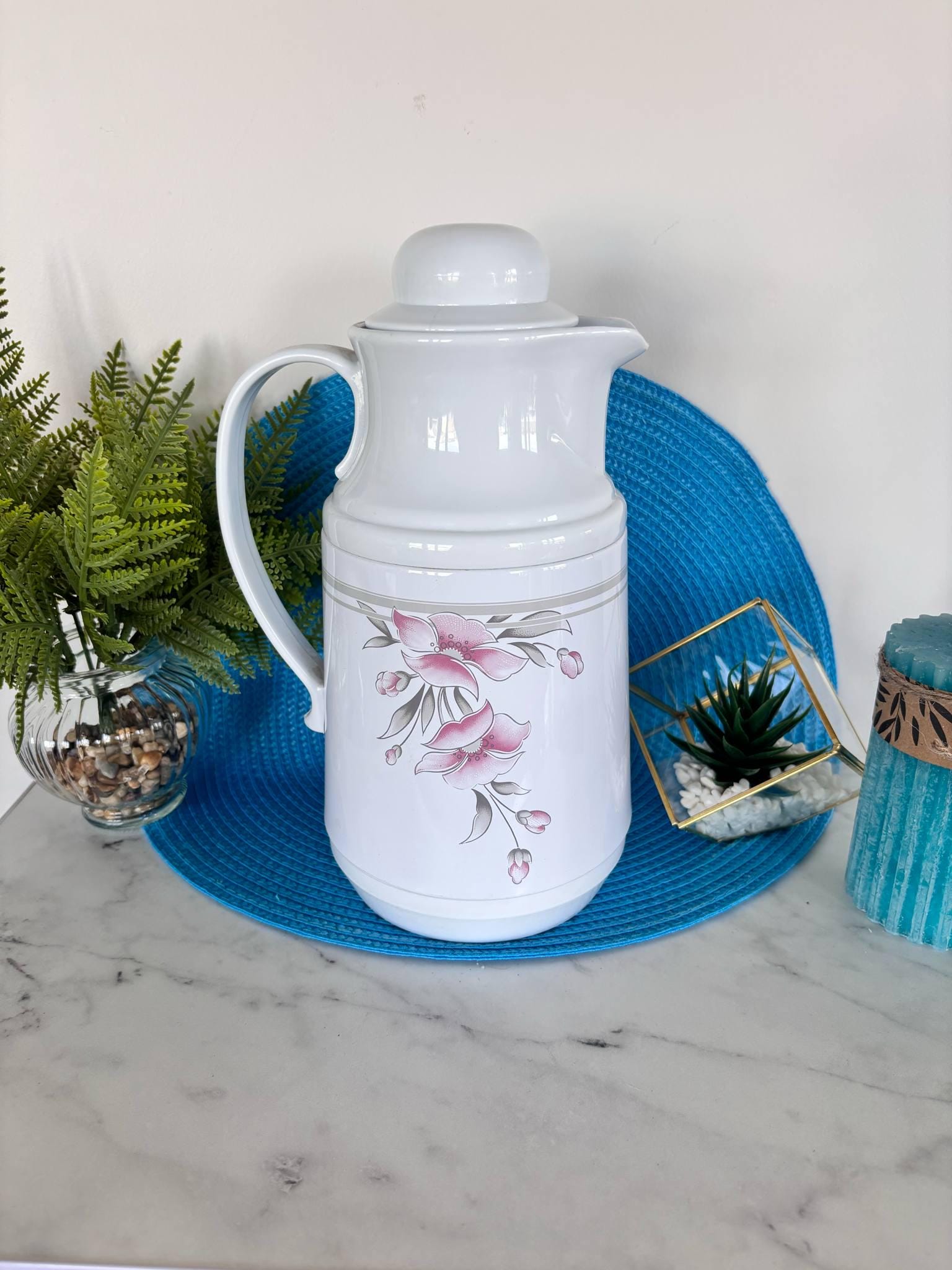 Vintage Floral Thermos Carafe White With Pink Magnolia Flowers