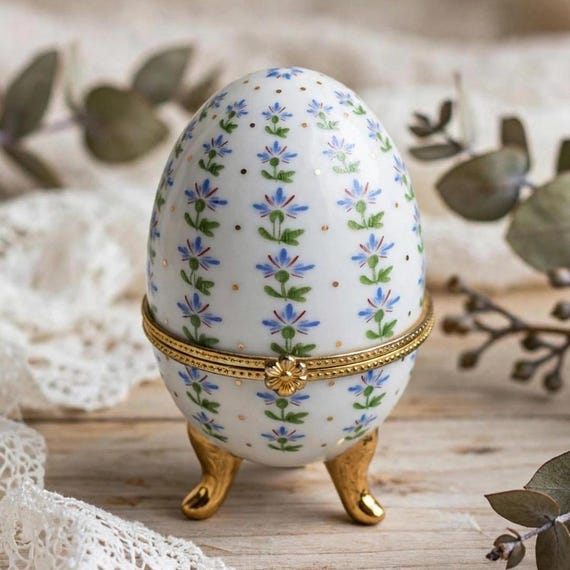 Vintage-Porzellanei mit blauen Blumen und Goldverzierungen, handbemalt, romantische Schmuckschatulle im Shabby-Chic-Stil auf Metallfüßen im Fabergé-Stil