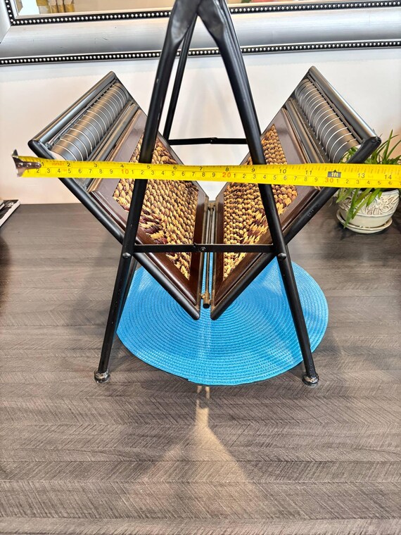 Vintage Wrought Iron Magazine Rack With Woven Panels – Black Metal