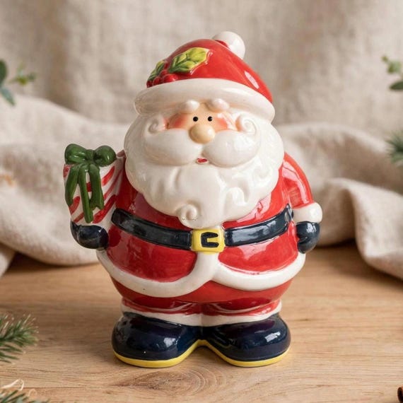 Vintage Weihnachtsmann-Keksdose aus Keramik, 23 cm (9 Zoll), weihnachtliche Aufbewahrungsdose mit Deckel, handbemalt, festliche Dekoration
