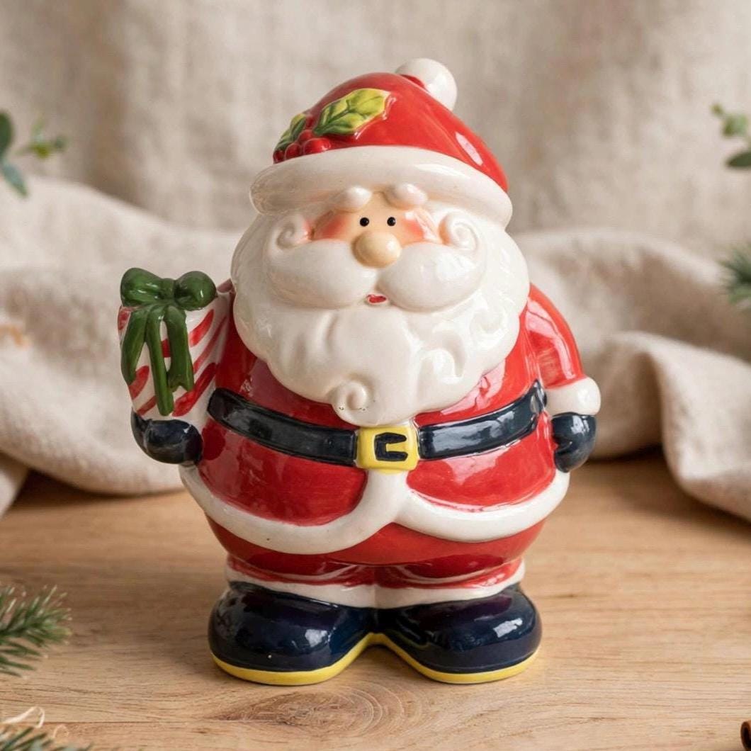 Vintage Weihnachtsmann-Keksdose aus Keramik, 23 cm (9 Zoll), weihnachtliche Aufbewahrungsdose mit Deckel, handbemalt, festliche Dekoration