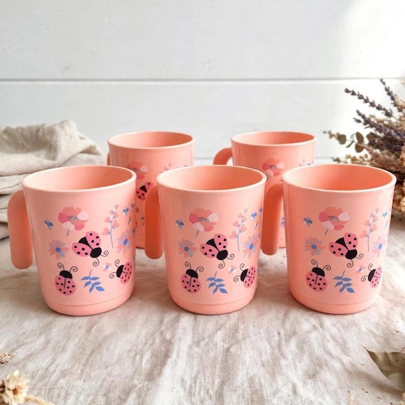 Set of 5 Vintage Pink Tupperware Cups With Ladybug and Flower
