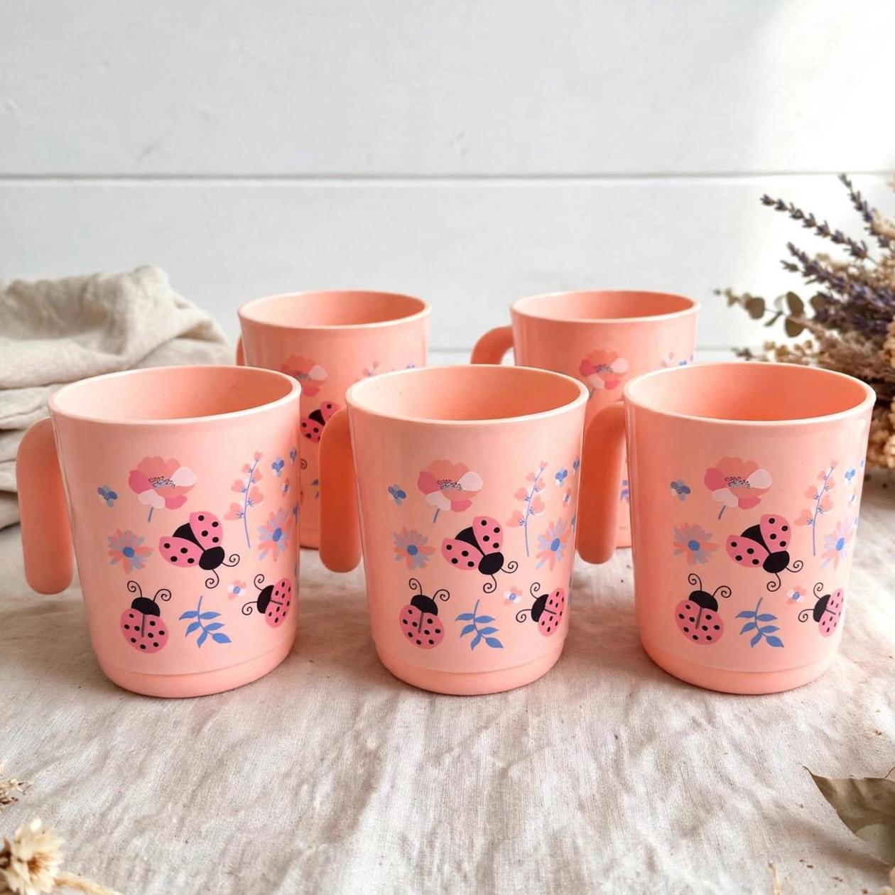 Set of 5 Vintage Pink Tupperware Cups With Ladybug and Flower