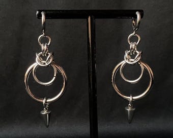 Silver Chainmail O ring Spike Stainless Steel Hoop Earrings | Hoop Earrings | Edgie | Grunge | Goth | Spikes hoops | Long earrings