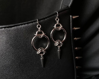 Silver Chainmail O ring Spike Stainless Steel Hoop Earrings | Hoop Earrings | Edgie | Grunge | Goth | Spikes hoops | Long earrings