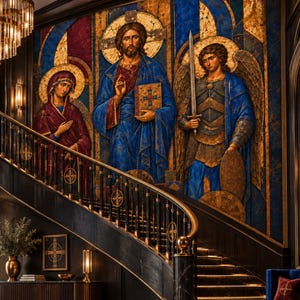 May include: A grand interior space featuring a large wall mural depicting religious figures in blue and gold tones. A curved black staircase with gold accents leads upward, complemented by a crystal chandelier, a dark console table, and a blue velvet bench.