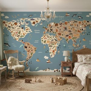 Nursery Map Mural, Blue Kids World Map Wallpaper with Illustrated Animals