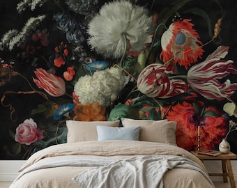Dark Moody Flowers Mural Wallpaper – Vintage Dark Academia Floral, Botanical Wall Art