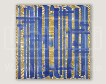 Modern calligraphic by Mehrdad Shoghi, Museum-quality matt paper print, Bright Blue and Gold Wall Decor