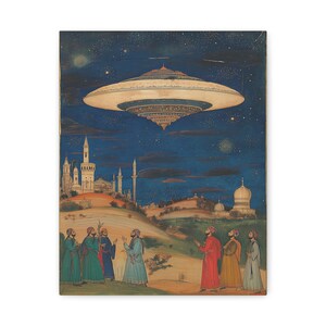 Alien Fantasy Wall Art, UFO in medieval Persia, Unique Gift for Art Lovers, Sci-Fi Inspired Canvas, Perfect for Home Office