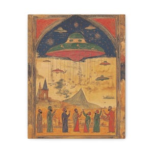 Alien Fantasy Wall Art, UFO in medieval Persia, Unique Gift for Art Lovers, Sci-Fi Inspired Canvas, Perfect for Home Office