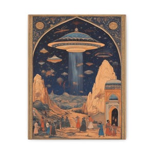 Alien Fantasy Wall Art, UFO in medieval Persia, Unique Gift for Art Lovers, Sci-Fi Inspired Canvas, Perfect for Home Office