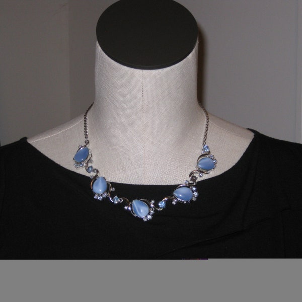 Vintage Coro Blue Thermoset Lucite Necklace Silver Tone Necklace & ClipOn Earring