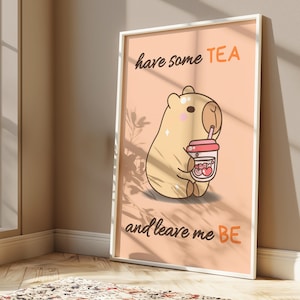 Retro Capybara Tea Poster, Cute Aesthetic Wall Art, Funny Capybara Print, Cozy Digital Download, Printable Minimalist Poster