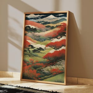 Póster digital de descarga de paisaje japonés sereno, impresión de pintura tradicional para el hogar, arte asiático minimalista, decoración de pared zen