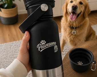 Dog Water Bottle 1L – Insulated Stainless Steel Pet Travel Bottle with Foldable Bowl | Leakproof Dog Thermos | Gift for Dog Lovers