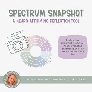 Può includere: Un download digitale stampabile intitolato "Spectrum Snapshot: A Neuro-Affirming Reflection Tool". Il design presenta un'illustrazione di una fotocamera, una ruota dei colori e il testo "Esplora come i diversi aspetti dell'esperienza neurodivergente si manifestano nel contesto e nel tempo."