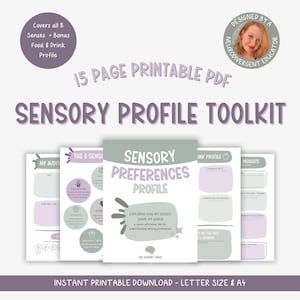 Może przedstawiać: 15-stronicowy, drukowany plik PDF, "Sensory Profile Toolkit", w kolorze jasnofioletowym i zielonym. Zawiera profil preferencji sensorycznych, obejmujący wszystkie 8 zmysłów oraz dodatkowy profil jedzenia i picia. Zaprojektowany przez neurodywergentnego pedagoga.
