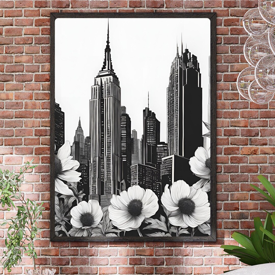 Black and White NYC Skyline Print – Floral New York City Wall Art ...