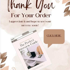 Op de afbeelding: Een digitale bedankkaart met bruine tekst die Thank You For Your Order en I appreciate it and hope to see your success soon leest. Het bevat een afbeelding van een browservenster met de titel The Perfect Interview Guide en een knop.