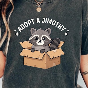 Peut inclure: Un t-shirt gris anthracite avec un motif de raton laveur de dessin animé assis dans une boîte en carton marron. Le texte au-dessus du raton laveur indique "ADOPT A JIMOTH" en lettres capitales blanches, encadré par deux petites étoiles.