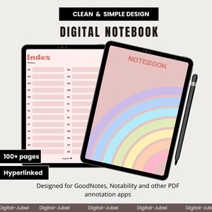 Op de afbeelding: Een digitaal notitieboek met een regenboogontwerp op de omslag. Het notitieboek is open op een indexpagina met genummerde items. De tekst "CLEAN & SIMPLE DESIGN" en "DIGITAL NOTEBOOK" staat bovenaan de afbeelding. De tekst "NOTEBOOK" staat op de omslag van het notitieboek. De tekst "100+ pages" en "Hyperlinked" staat onderaan de afbeelding. De tekst "Designed for GoodNotes, Notability and other PDF annotation apps" staat onder het notitieboek. De tekst "Digital-Jubel" wordt vijf keer onderaan de afbeelding herhaald.