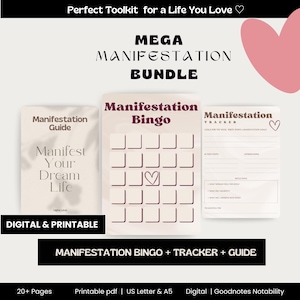 Op de afbeelding: Een digitale, printbare bundel voor manifestatie met een roze hartontwerp. De bundel bevat een manifestatiegids, een manifestatie-bingokaart en een manifestatie-tracker. De tekst "MEGA MANIFESTATION BUNDLE" staat bovenaan de afbeelding. De tekst "DIGITAL & PRINTABLE" staat onderaan de afbeelding. De tekst "MANIFESTATION BINGO + TRACKER + GUIDE" staat in het midden van de afbeelding. De tekst "20+ Pages Printable pdf | US Letter & A5 Digital | Goodnotes Notability" staat onderaan de afbeelding.