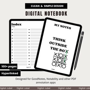 Op de afbeelding: Een digitaal notitieboek met een schoon en eenvoudig ontwerp. Het notitieboek heeft een indexpagina met genummerde items en een notitiepagina met de tekst "Think Outside The Box" en een tic-tac-toe spel. Het notitieboek is ontworpen voor GoodNotes, Notability en andere PDF-annotatie-apps.