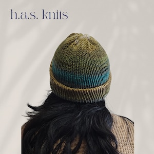 Hand Knitted Acrylic Beanie: Green Teal Brown Winter Hat