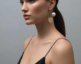 XL Wood & Faux Pearl Hoop Earrings, Handmade