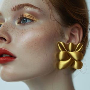 May include: A close-up of a woman's face with gold eyeshadow and a pair of large, gold, flower-shaped earrings.