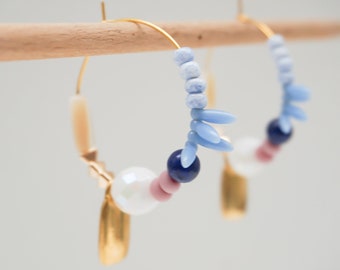Handmade « Les Idées folles"  Gold Plated Creole Earrings with Crystals and Glass Beads