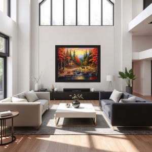 Arte de parede com paisagem de outono, pôster horizontal emoldurado para decoração de casa, impressão de cabana rústica, decoração de outono, ilustração da natureza