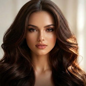 Op de afbeelding: Een portret van een persoon met lang, golvend, donkerbruin haar, bruine ogen en neutrale make-up. Onderaan staat in witte tekst: A complete science-backed beauty education for women ready to reclaim their crown — crafted in the tradition of the world's finest beauty publications.