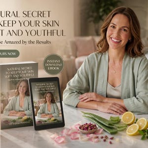 Puede incluir: Una mujer sonríe, promocionando un libro y un ebook titulado "NATURAL SECRET TO KEEP YOUR SKIN SOFT AND YOUTHFUL". La imagen incluye un libro, una tableta, aloe vera, limones y pétalos de rosa, lo que sugiere un tema de cuidado de la piel.