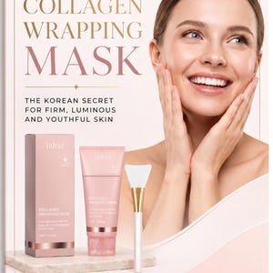 Può includere: Pubblicità di un prodotto per la cura della pelle, con una donna e articoli di bellezza. L'immagine mostra una scatola e un tubetto rosa di "Collagen Wrapping Mask" di "lakar", più un applicatore bianco e oro. Il testo include "Complete Guide" e "Your Korean Routine for Perfect Skin".