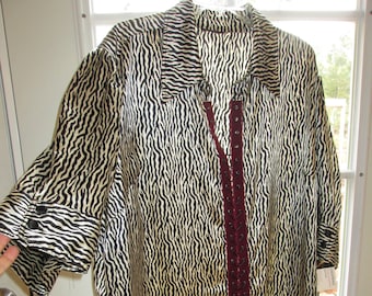 Repurposed lace up shirt in zebra print satin for 3X-4X~silky tunic
