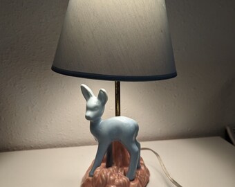 Vintage Shawnee Pottery Deer Lamp Doe Fawn Original Shade Blue Pink Nursery baby