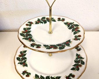 Vintage Crownford Queens China Staffordshire Yuletide Tiered Cake Plate bone Holly Berries High Tea