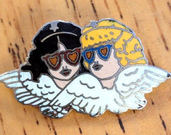 Fiorucci 1980s Lisa Frank Enamel Collectors Pin PUNK cherubs wearing sunglasses rare NEW WAVE Italian Fashion Label