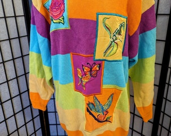 Vintage IB Diffusion Womens Knit Tunic Sweater Stripes L Colorful 80s 90s